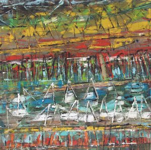 Abstracte zeegezichten met boten door Barbara Piatti