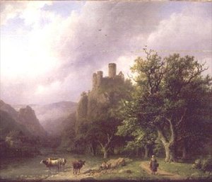Een rivierlandschap met een vervallen kasteel