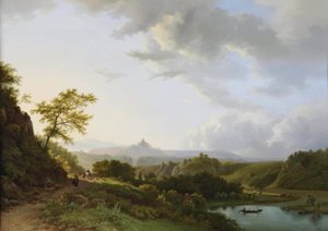 Een panoramisch zomerlandschap met reizigers en een kasteelruïne in de verte