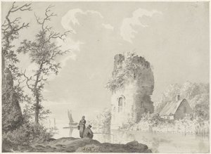 Rivierlandschap met toren en hengelaar