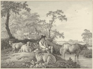 Schaapherder met schapen, een geit en een jonge stier in een landschap