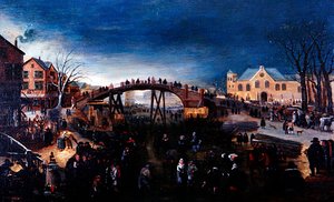 Een Winterlandschap met Figuren die Schaatsen en Spelen, c.1640-50 door Barent (follower of) Avercamp