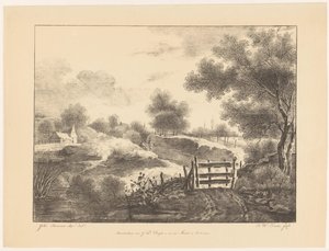 Landschap met huizen, beek en pad door Barentie Willem Dietz
