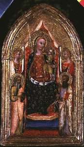 Madonna en kind op de troon met St. Bartholomeus en andere heiligen door Bargello Master