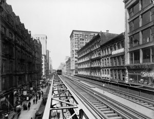 Verhoogde sporen bij Adams Street station, Chicago, Illinois, VS, ca. 1900