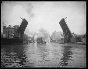 Passagiersschip Pere Marquette in sleep op de Chicago River, Chicago, Illinois, VS, c.1905