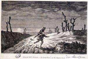 Weerwolf (weerwolf) die een man aanvalt - naar schilderij door Maurice Sand tentoongesteld op de Salon van 1857 door Baron Dudevant Jean Francois Maurice (after) Sand