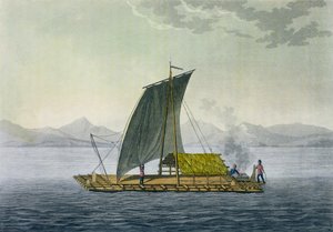 Een vlot verlaat de haven van Guayaquil, Ecuador (uit 