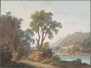 Rivierlandschap met kastelen en reizigers door Baron Louis Albert Guillain Bacler d