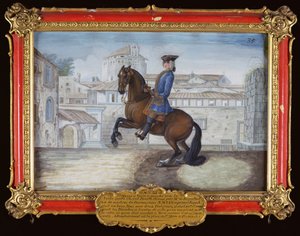 Nr. 35 Een Barbarijse baai paard van de Spaanse Rijschool die een dressuurbeweging uitvoert op het St. Marksplein, Florence door Baron Reis Eisenberg