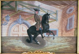 Nr. 36 Een bruine baai paard van de Spaanse Rijschool die een pirouette uitvoert dicht bij de grond door Baron Reis Eisenberg