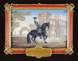 Nr. 52 Le Bienvenu, een donkerbruin paard van de Spaanse Rijschool dat een dressuurbeweging uitvoert door Baron Reis Eisenberg
