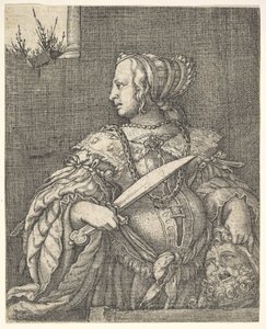 Judith, halflang en in profiel naar links, een zwaard in haar rechterhand en het hoofd van Holofernes door Barthel Beham