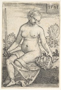 Judith, zittende naakt met een zwaard in haar rechterhand, kijkend naar het hoofd van Holofernes, 1523