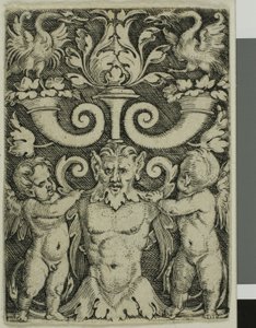 Ornament met een mannelijke half-lengte tussen twee genii