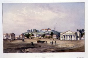Uitzicht op een Protestantse Tempel, Singapore, gegraveerd door Alfred Leon Lemercier, c.1840