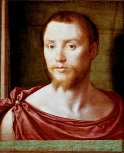 Portret van een man met het antieke rode gezicht met dubbele puntbaard (of geit), bedekt met een lendendoek. Schilderij op hout toegeschreven aan Pseudo Felix Chretien (ca. 1510-1579). circa 1535-1550