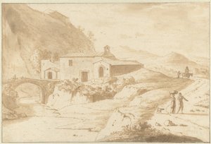 Heuvelachtig landschap met een kapel bij een brug