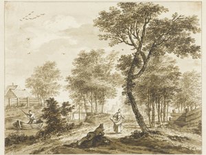Landschap met figuren en links een man in een punter door Bartholomeus Barbiers