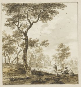 Landschap met figuren en rechts een hengelaar door Bartholomeus Barbiers