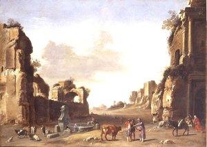 Klassieke ruïnes met boeren die hun dieren water geven