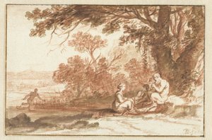 Landschap met de nimf Corsica en de satyr door Bartholomeus Breenbergh