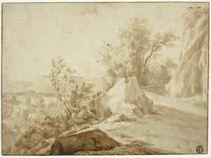 Rotsen en bergpad, figuren en stad beneden