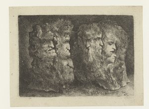 Verschillende koppen van mannen, dieren en mascarons door Bartholomeus Breenbergh