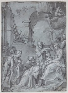 Aanbidding der herders door Bartholomeus Spranger