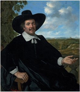 Portret van Gabriel Marselis, driekwart, zittend, voor een balustrade, een landschap met een landhuis en in de verte Haarlem door Bartholomeus van der Helst