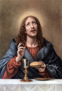 Set bijbelse educatieve ansichtkaarten in de jaren 50, gemaakt naar Italiaanse schone kunsten: hier naar "de Verlosser" door Murillo door Bartolome Esteban (after) Murillo