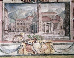 Slaapkamer, detail van fries met steden onder Medici-heerschappij, Pistoia (detail) door Bartolomeo Ammannati