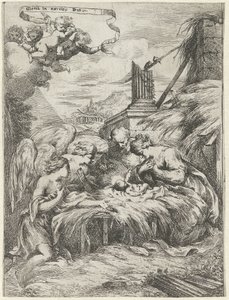 Aanbidding door Maria, Jozef en engelen