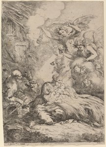 De Heilige Familie Aanbeden door Engelen door Bartolomeo Biscaino