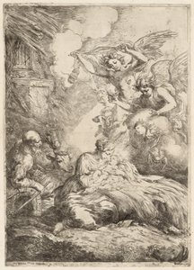 De Heilige Familie aanbeden door engelen De Grote Geboorte, ca. 1655 door Bartolomeo Biscaino