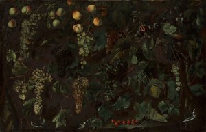 Druivenranken en fruit, met drie kwikstaarten, ca. 1615-18 door Bartolomeo Cavarozzi
