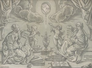 Allegorie van een Stelling, twee vrouwen houden beschreven tabletten, 1640 door Bartolomeo Coriolano