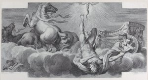 Plaat 34: Auriga, de wagenmenner, valt uit de wagen in het midden, met drie paarden, 1756 door Bartolomeo Crivellari, Gabriel Söderling
