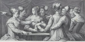 Een groep elegant geklede mensen die kaarten spelen