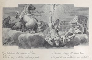 Plaat 34: Auriga, de wagenmenner, valt uit de wagen in het midden, met drie paarden aan l..., 1756
