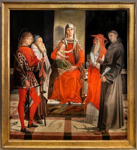 Enthroned Madonna met kind Jezus tussen Heiligen Ansanus, Antonius de Grote, Hiëronymus en Franciscus