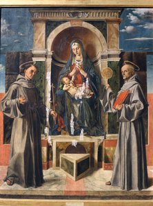 Madonna en Kind op de troon tussen Sint Franciscus en Sint Bernardinus van Siena door Bartolomeo Montagna