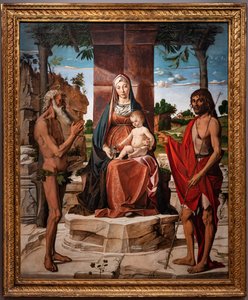 Madonna met kind Jezus onder een prieel tussen de heiligen Johannes de Doper en Onuphrius