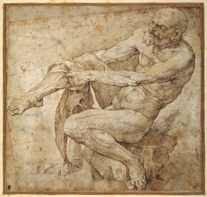 Naakte man die aan zijn kous trekt, naar Marcantonio Raimondi en Michelangelo Buonarroti door Bartolomeo Passarotti
