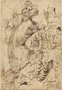 Studies van een beeldhouwwerk van een mannelijk naakt, wervels en gebarende figuren door Bartolomeo Passarotti