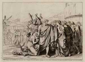 Atilius Regulus maakt zich klaar om Rome te verlaten en terug te keren naar gevangenschap in Carthago (ets)