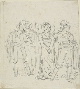 Brigand Chief Tegengehouden door een vrouw (recto); Schets van twee figuren in een landschap (verso) door Bartolomeo Pinelli