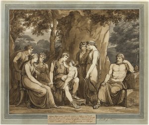 Calypso kijkt naar Telemachus met Cupido op zijn knie, terwijl Mentor boos toekijkt, uit De Avonturen van Telemachus, Boek 7 door Bartolomeo Pinelli
