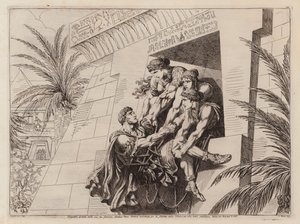 Cleopatra en haar metgezellen tillen de stervende Marcus Antonius in hun graf (ets) door Bartolomeo Pinelli
