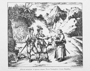 Don Abbondio ontmoet twee Bravi, lithografie door Bartolomeo Pinelli voor De Verloofden door Alessandro Manzoni door Bartolomeo Pinelli